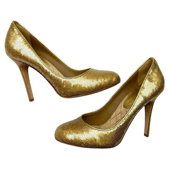 CHANEL Interlocking CC Sequins Round Toe Pumps EU 40 US 9.5-10 High Heels - Picture 7 of 13